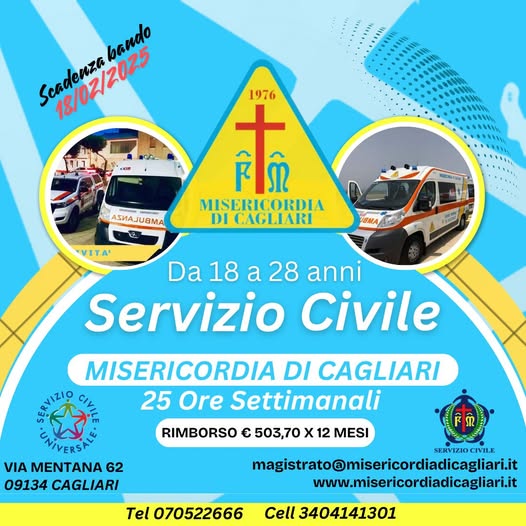 Scadenza bando 18 febraio 2025.
Misericordia di Cagliari
Da 18 a 28 anni
25 ore settimanali
Rimborso €503,70 per 12 mesi
Indirizzo via Mentana, 62 - 09134 Cagliari
E-mail magistrato@misericordiadicagliari.it
Sito internet https://www.misericordiadicagliari.it
Telefono 070522666
Cellulare 3404141301